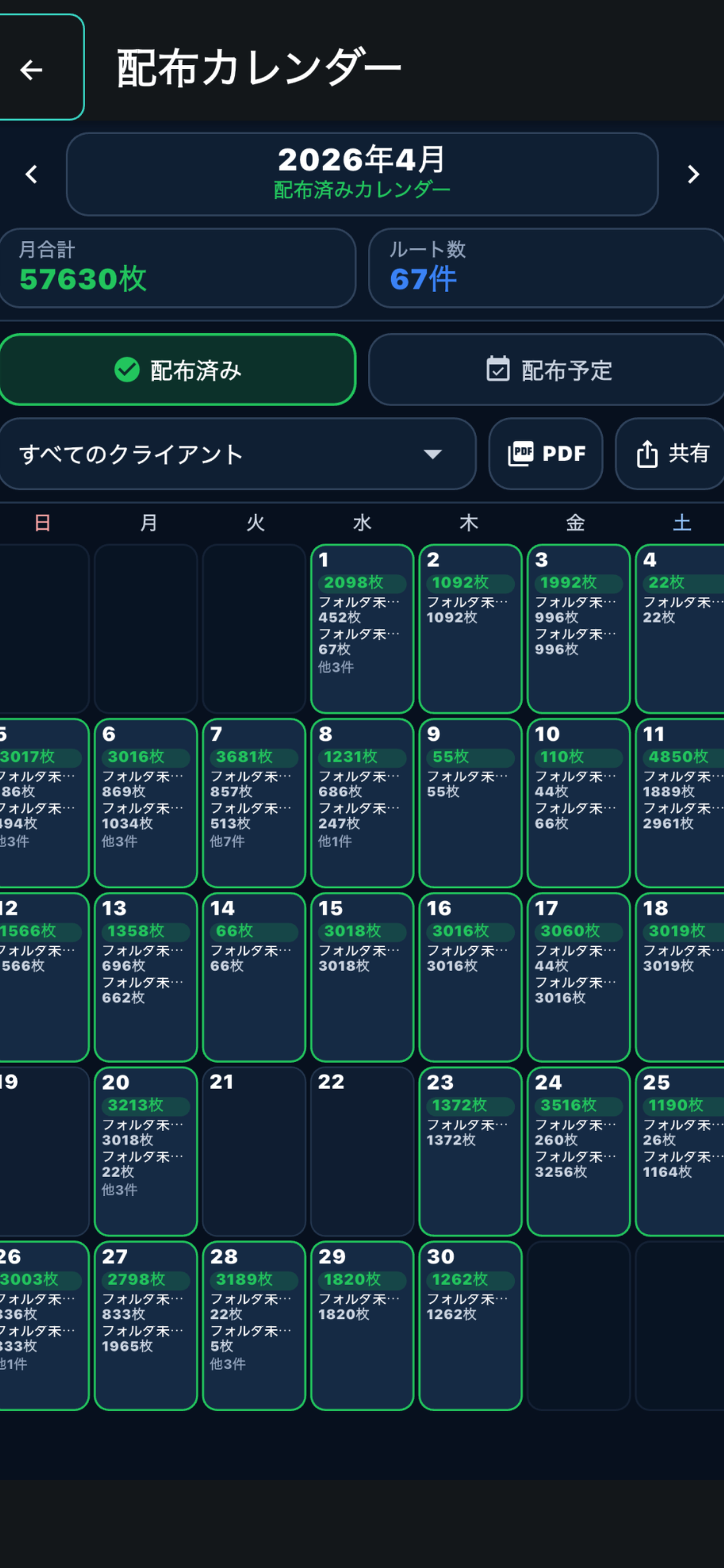 HQPアプリの配布カレンダー画面